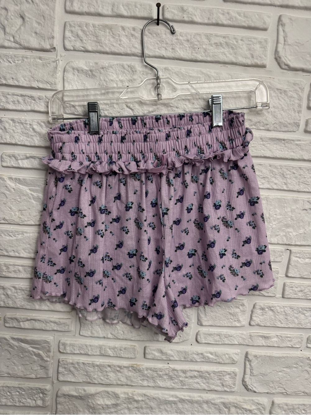 For Love And Lemons Lavender Floral High-Waist Smocked Shorts